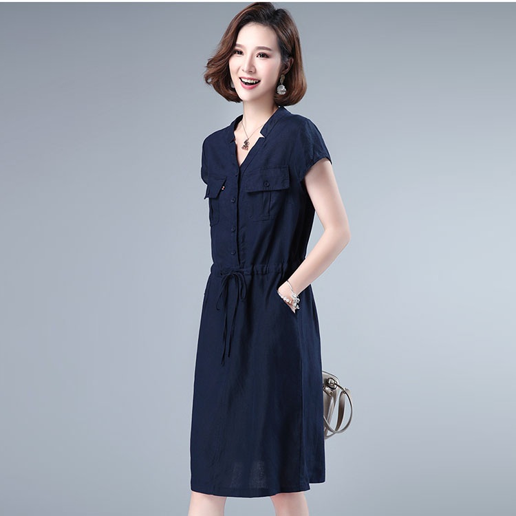 Đầm dáng xòe rút eo linen 2 túi ốp, chất vải linen mềm mát, thời trang xuân hè 2021 - Xanh than