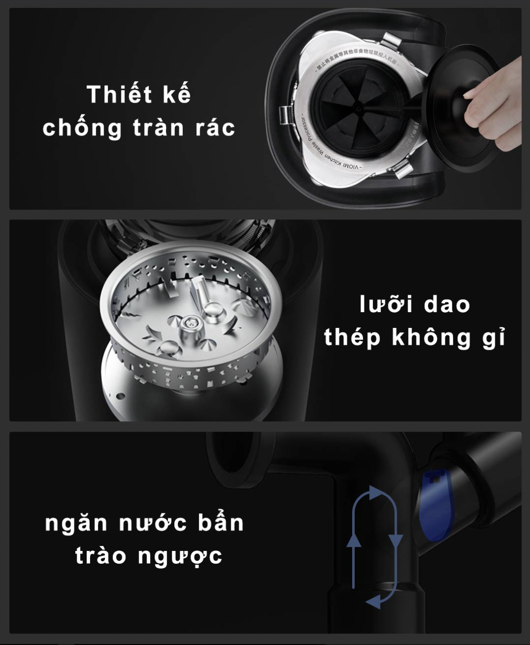 Máy nghiền rác, xử lý thực phẩm dư thừa nhà bếp Viomi VXRD-02 550W, dung tích lớn 1200ml, tiếng ồn thấp, điều khiển thông minh - Hàng chính hãng