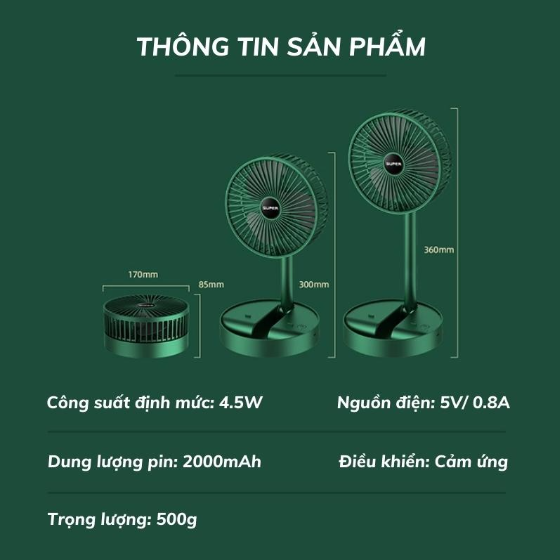 Quạt tích điện pin sạc để bàn mini gấp gọn kéo dài 3 tốc độ gió và sạc usb tiện lợi