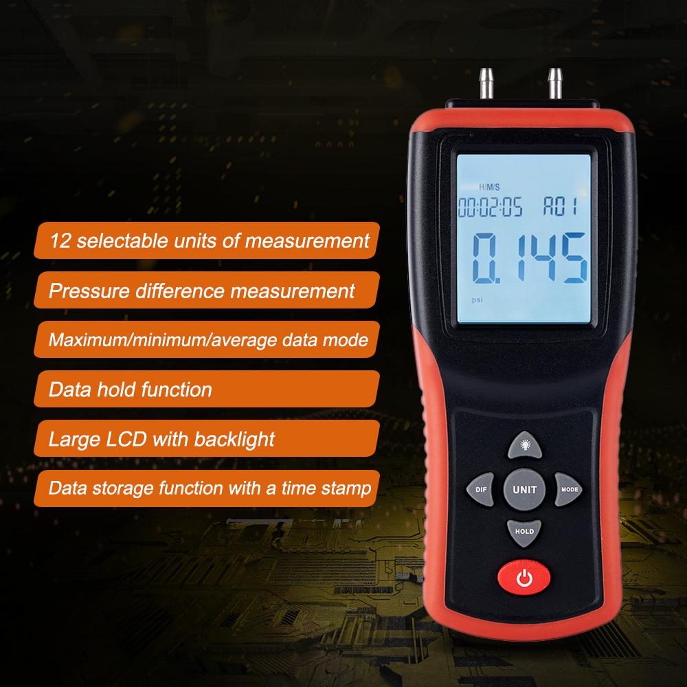 Digital Manometer 2.4-inch LCD High Precision Hand-held Dual-port Manometer ±2Psi Differential Air Pressure Gauge Tester with 12 Units