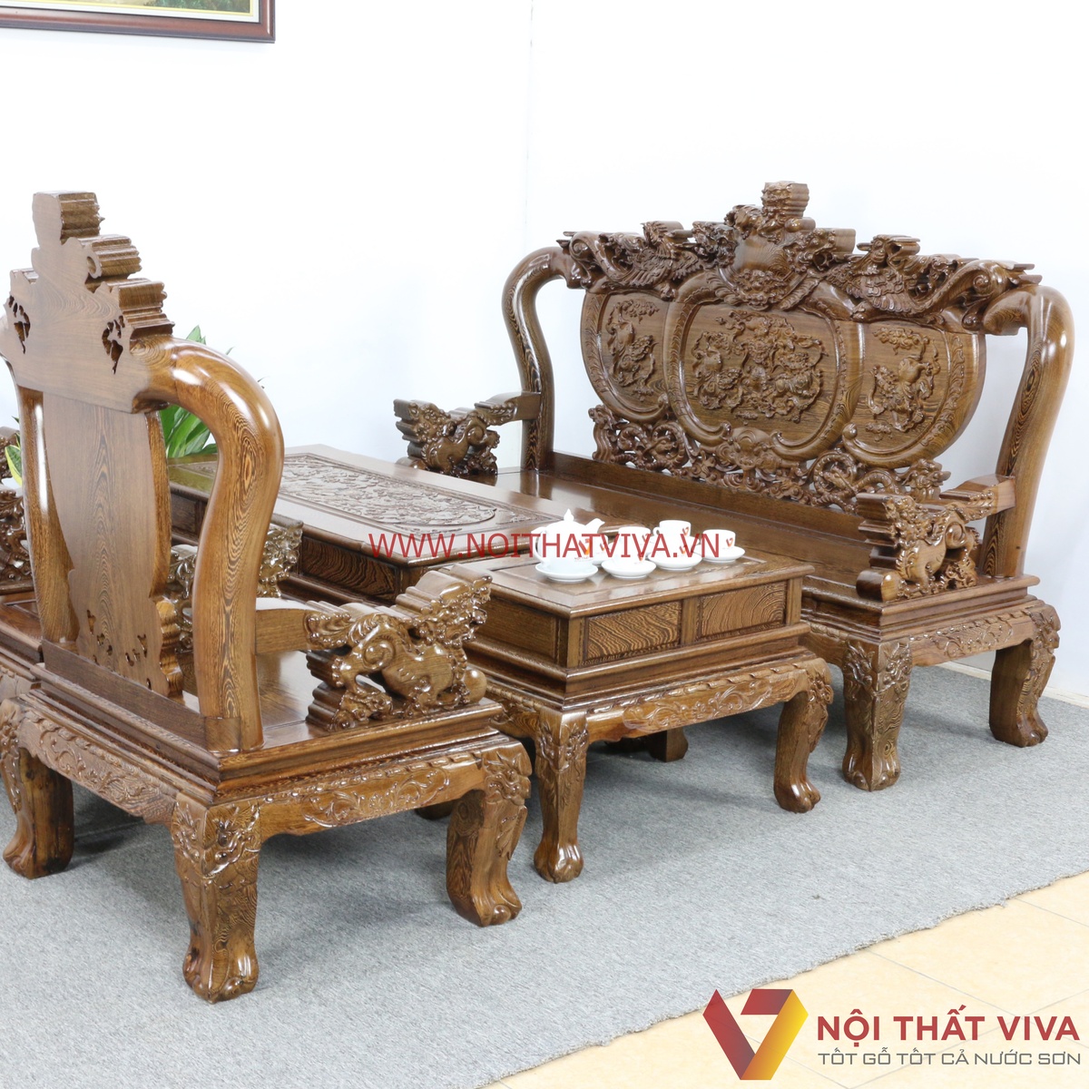 Bộ Bàn Ghế Salon Gỗ Mun Tay 10 Chạm Nghê 6 Món Cao Cấp Sang Trọng