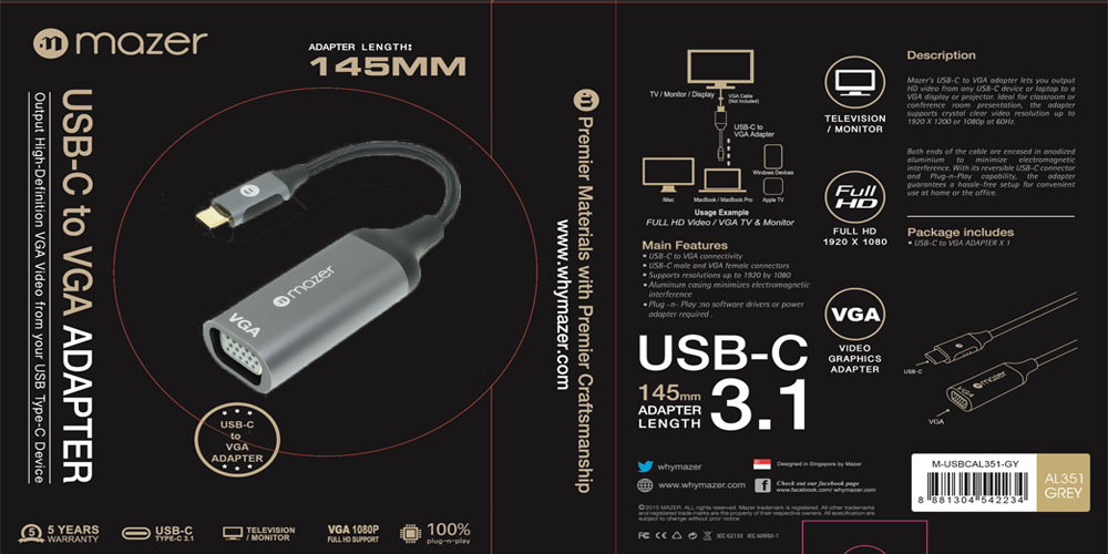 Bộ Chuyển Đổi Mazer ALU USB-C to VGA 1080P Adapter - Hàng Chính Hãng