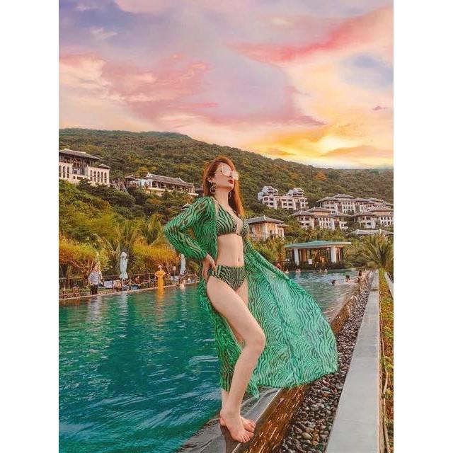 Bikini Nữ 2 Mảnh Áo Choàng Khoác Ngoài Đồ Bơi Nữ Họa Tiết Vằn Xanh Quyến Rũ Độc Lạ - R23