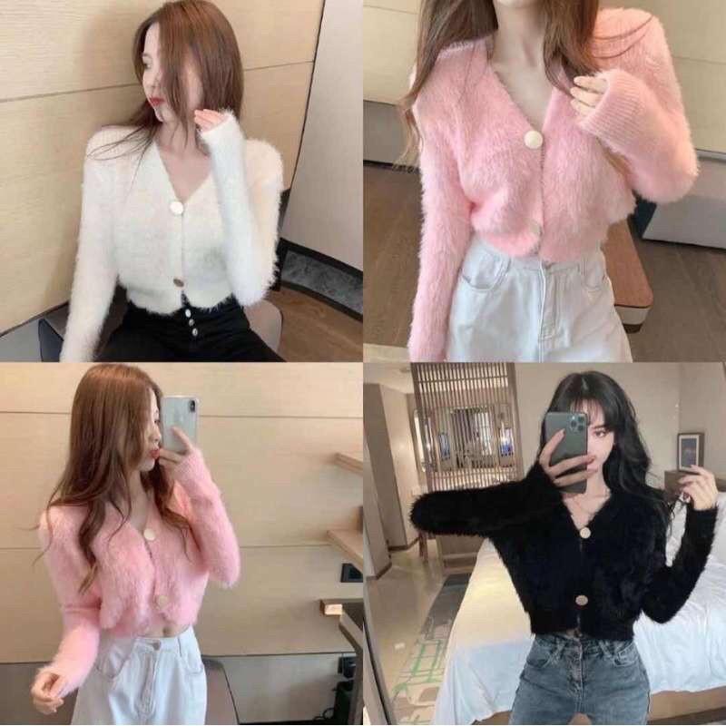 Áo khoác cardigan len lông cổ tim 2 cúc