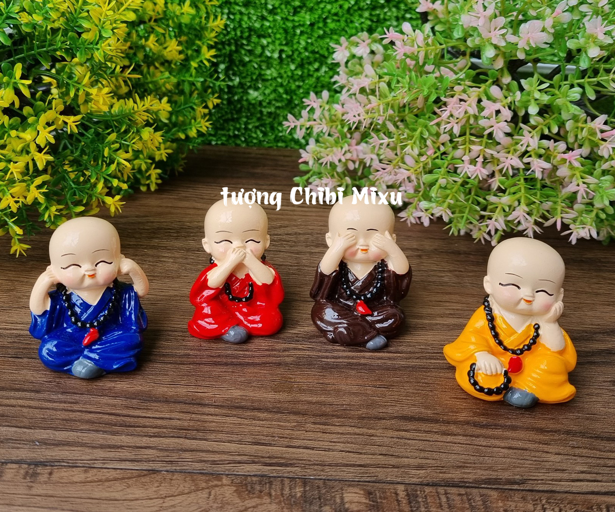 Bộ tượng Tứ Không đeo chuỗi kèm Quan Âm và chân đế Tài Lộc Phát