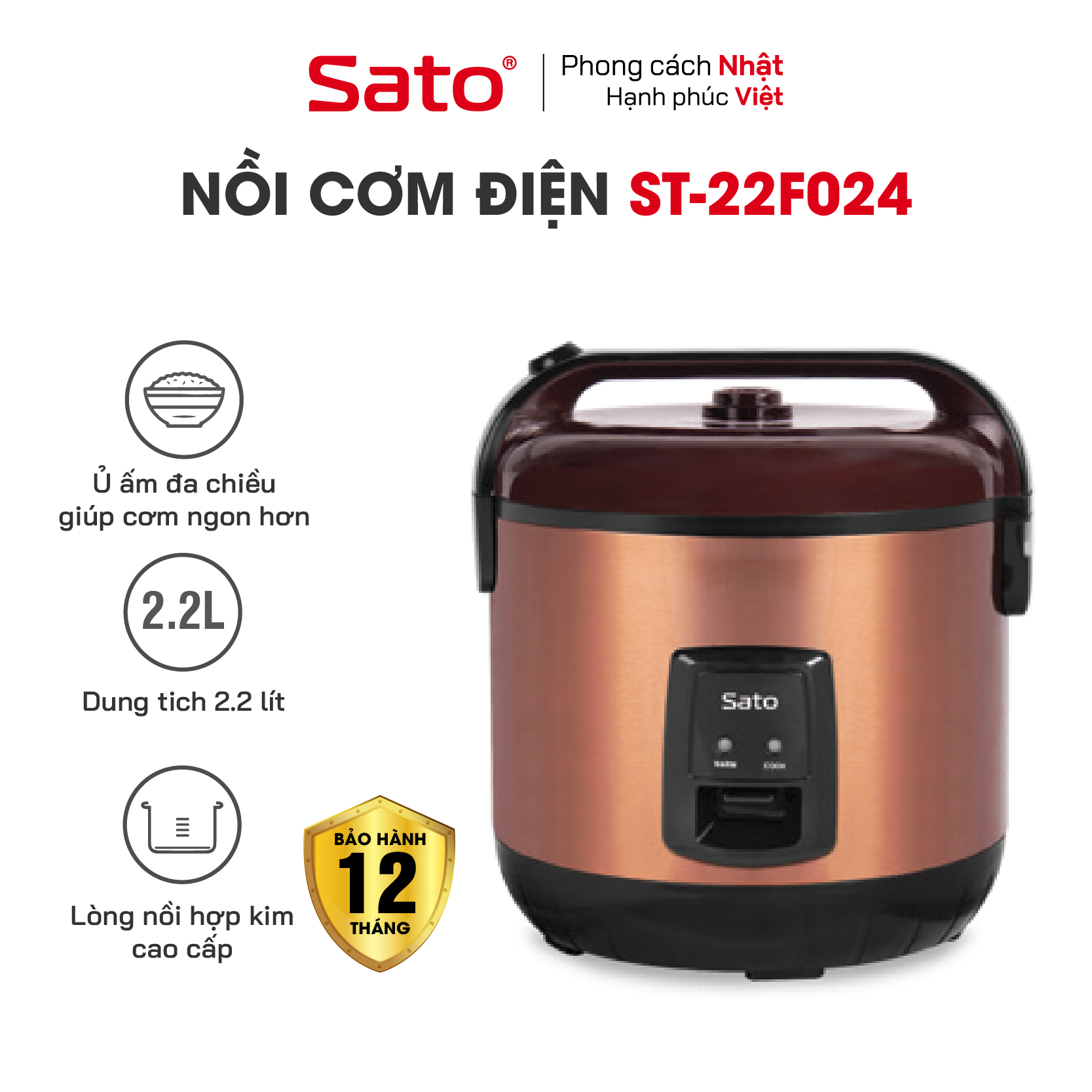 Nồi cơm điện 2.2L SATO 22F024 - Giúp nấu chín cơm dễ dàng, thơm ngon - Hàng chính hãng