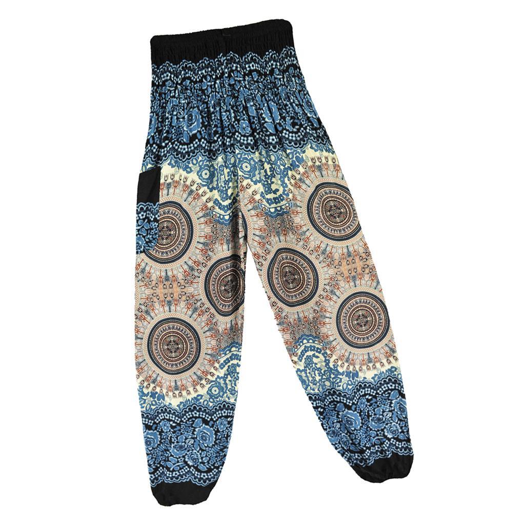 Women Smocked Waist Floral Rayon Yoga Boho Harem Pants, Breathable and White