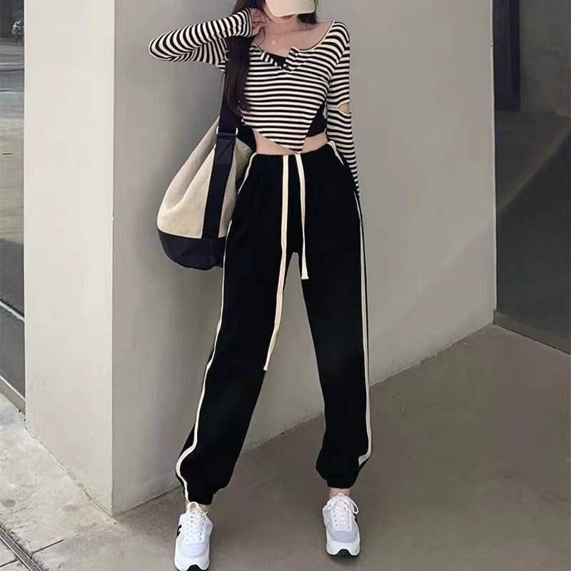 -Quần thể thao nữ cao cấp mùa đông có dây rút đơn giản lưng chun phối sọc bên