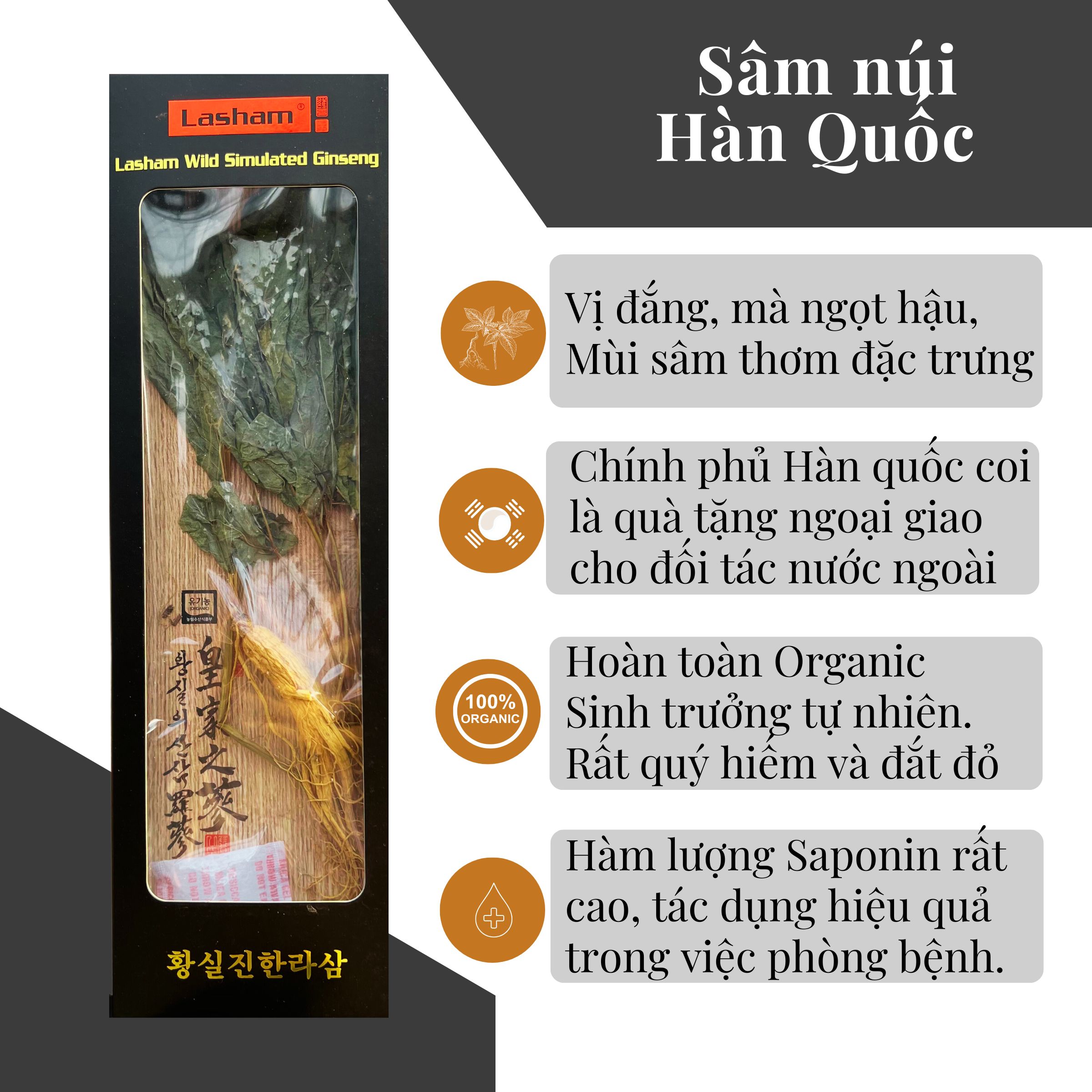 Hộp 2 Cây Sâm Núi Khô Nguyên Bản Lasham Hàn Quốc - 7 Năm Tuổi (lasham Dried Wild Simulated Ginseng -로얄 산삼 라삼)