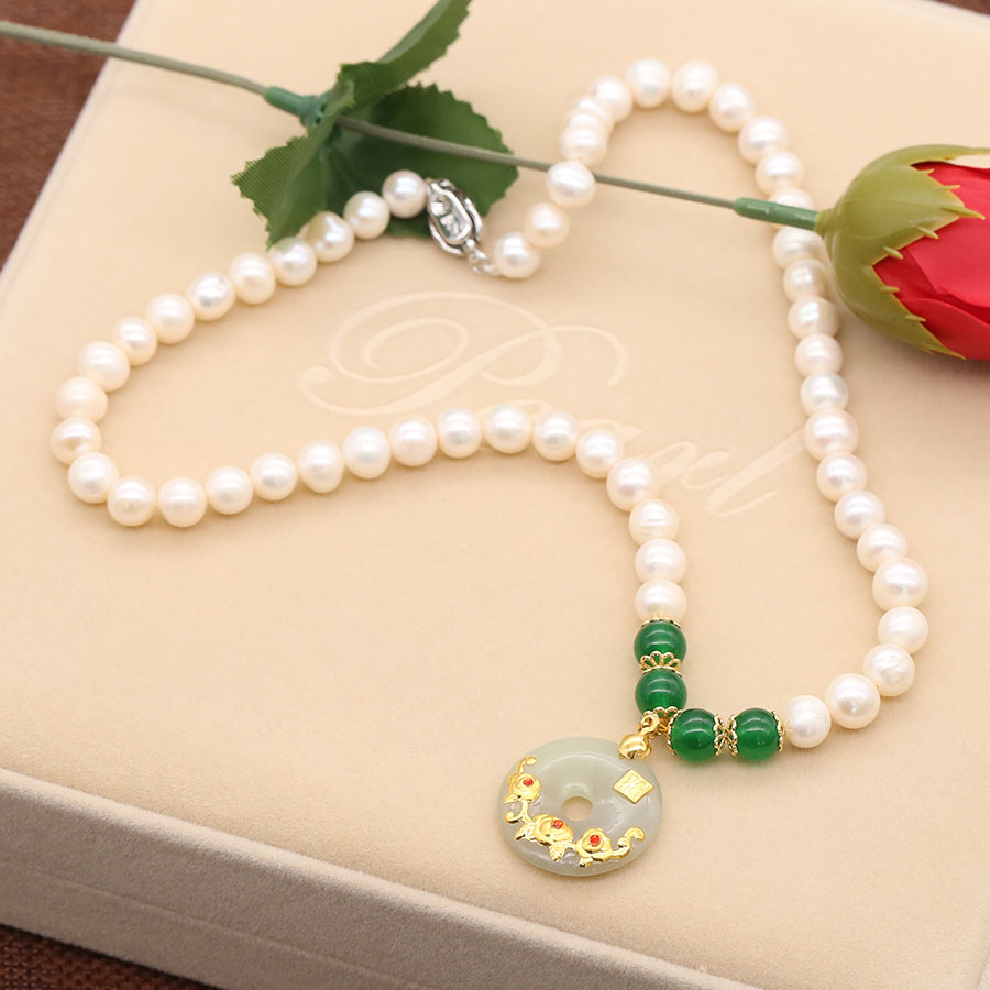 Chuỗi Ngọc Trai Đeo Cổ Đá Mã Não Xanh Phát Tài Lộc - DB1438 - Bảo Ngọc Jewelry