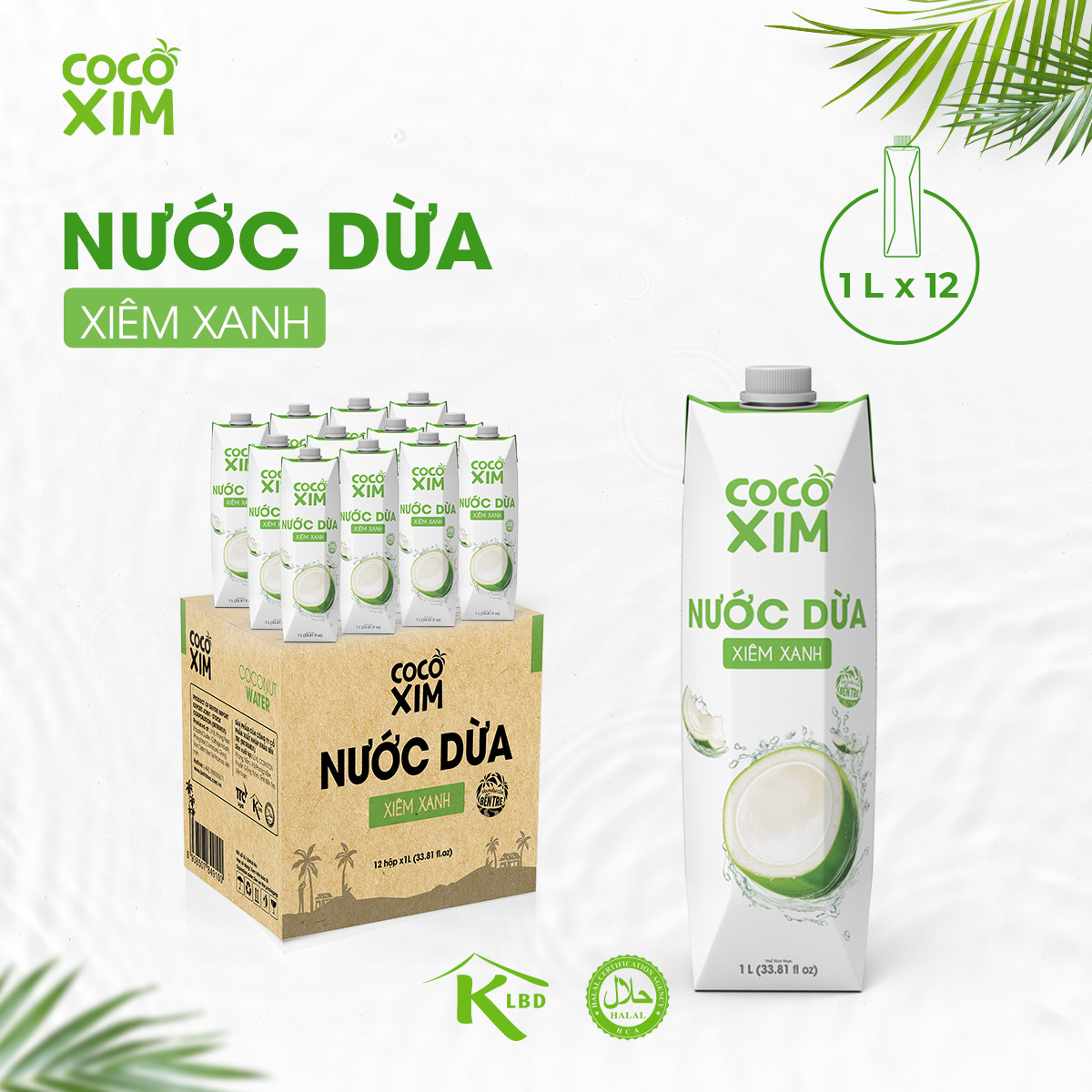 Thùng 12 Hộp Nước Dừa Cocoxim Xanh (1000ml x12 Hộp)