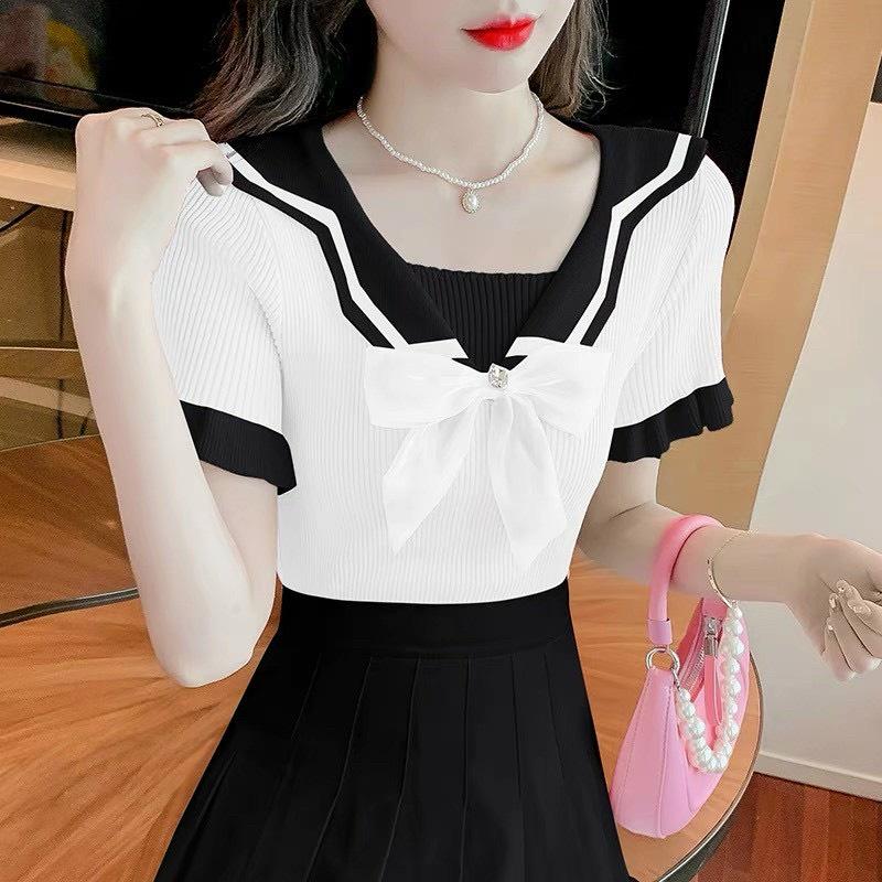 Áo len nữ dệt kim Montoghi CÀI NƠ CỔ dáng ôm kết hợp TAY BÈO Quảng Châu ngắn xinh xắn