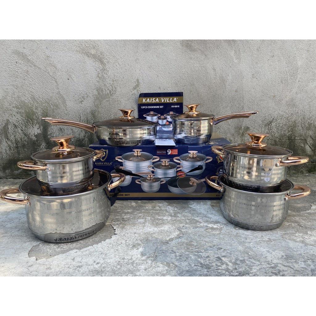 BỘ NỒI INOX VUNG KÍNH KAISA VILLA 6 MÓN 12 CHI TIẾT TAY CẦM TRÁNG MEN CHỐNG DÍNH SIÊU ĐẸP