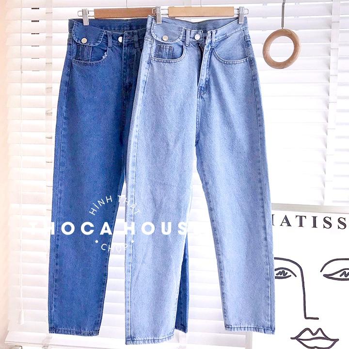 Quần jeans nữ baggy lai nấp lưng xanh đậm, nhạt THOCA HOUSE có size, thoải mái mặc đi làm, đi học cực xinh
