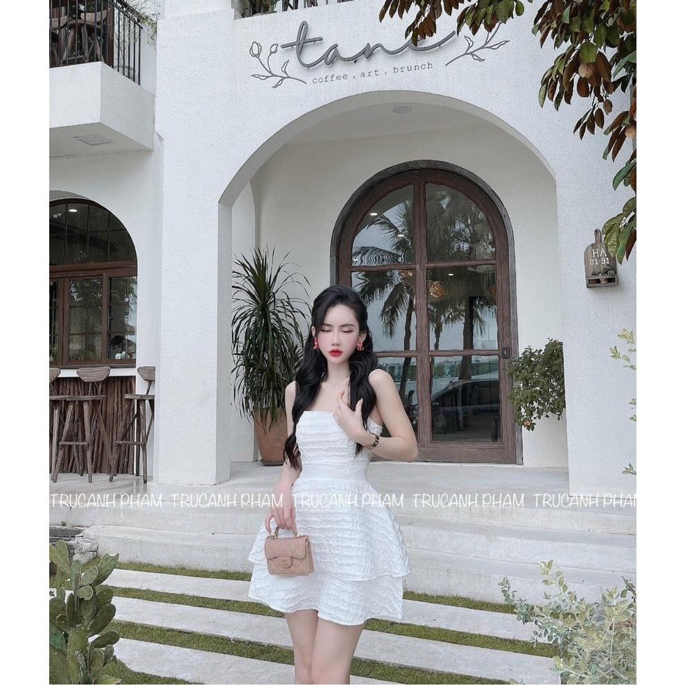 Đầm trắng 2 dây xốp ngắn xòe kèm khoác đính dá hạt cườm ăn cưới dự tiệc sang chảnh thanh lịch dịu dàng công sở