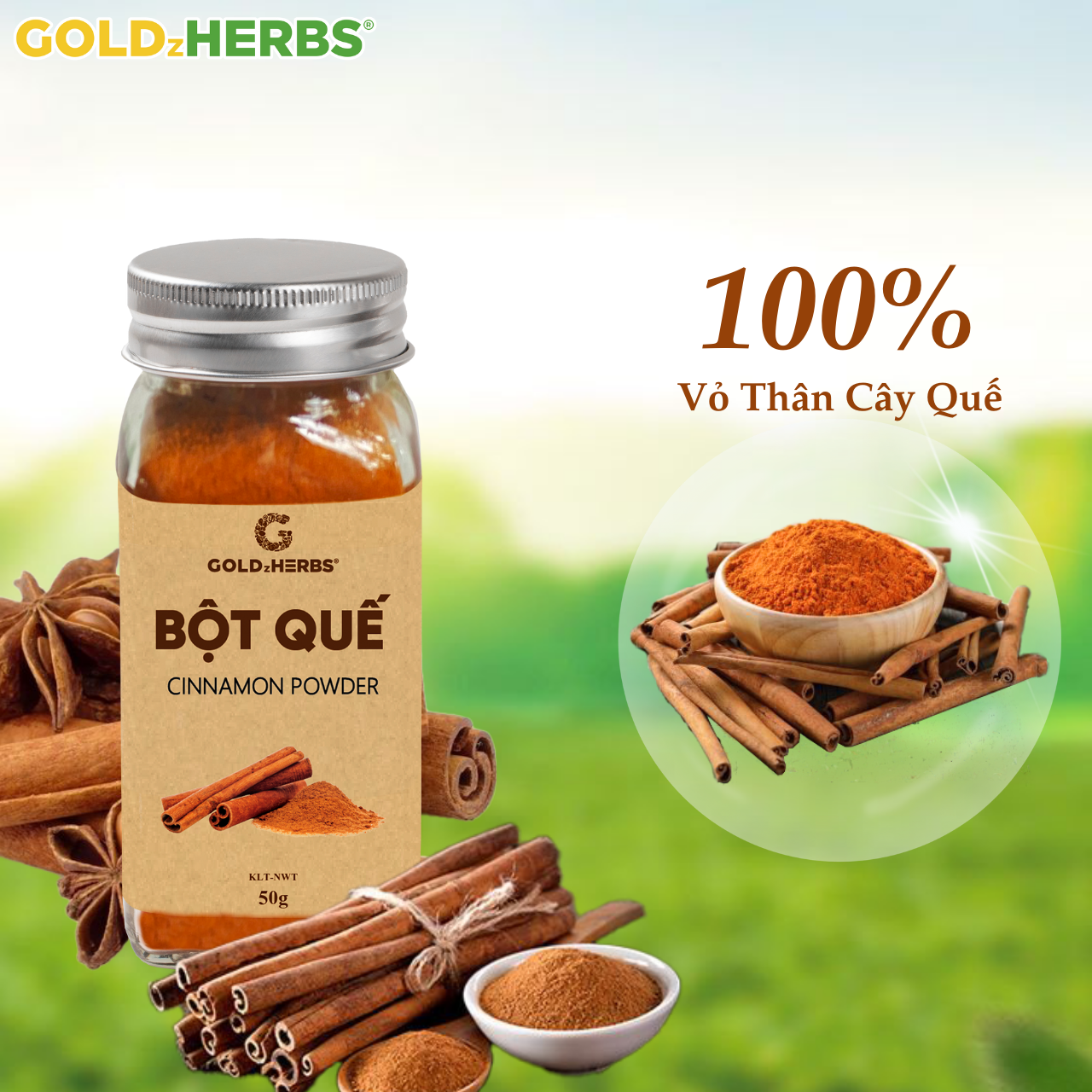 Bột quế GoldzHerbs, nguyên chất 100%, gia vị nấu ăn - Hũ 50g