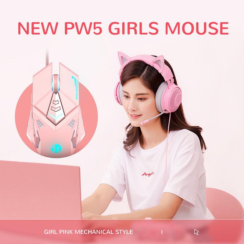 Chuột chơi game có dây Inphic PW5 màu hồng siêu cute hỗ trợ điều chỉnh DPI 4 tốc độ lên đến 4800