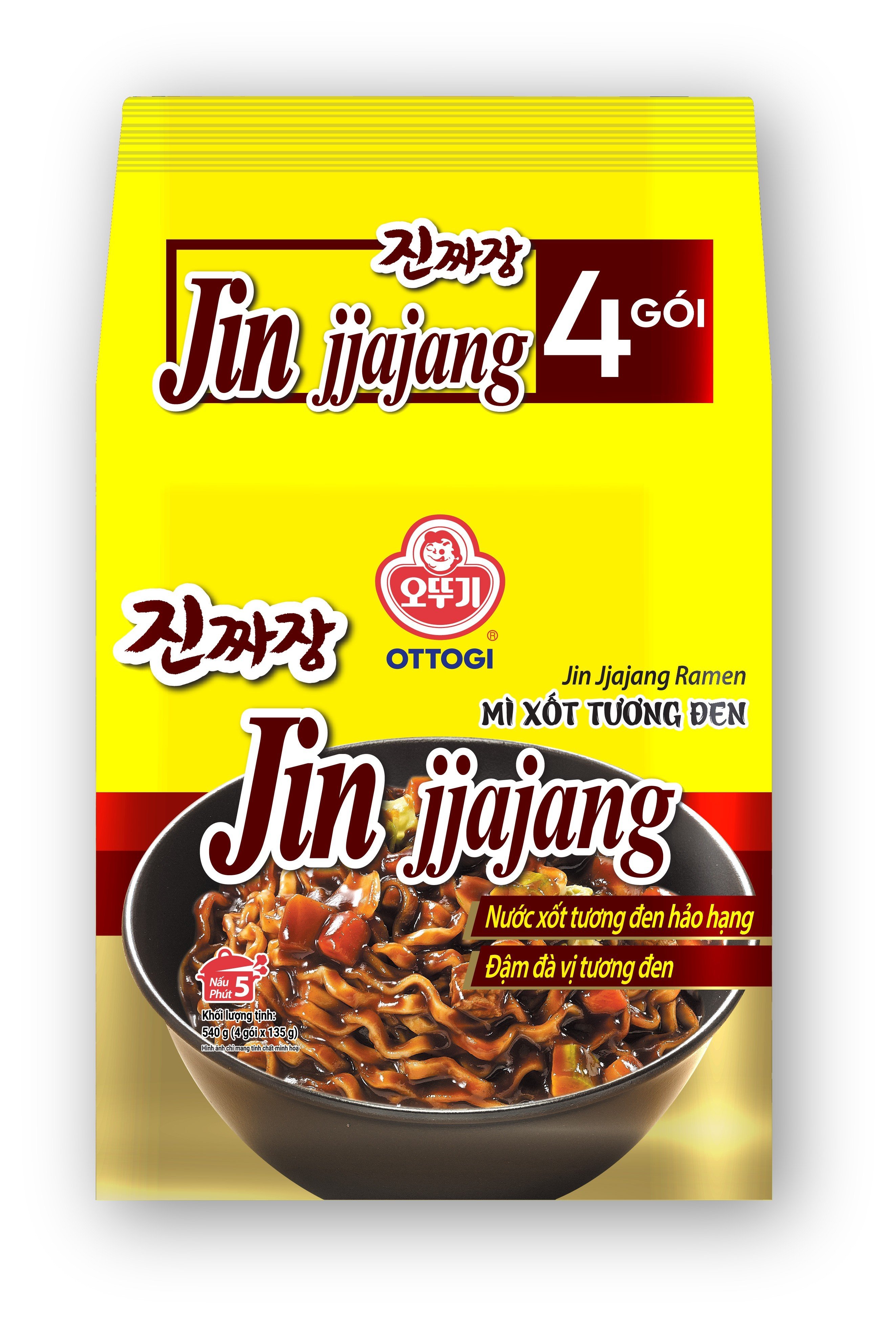 Lốc 4 gói mì trộn xốt tương đen Jin Jjajang Ramen Ottogi gói 135g*4
