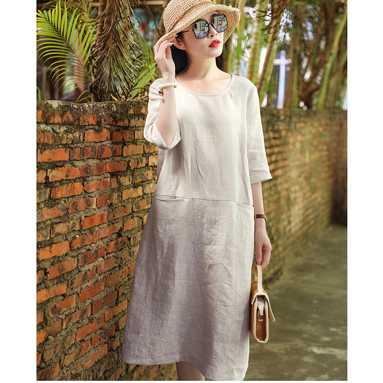 Đầm suông linen tay lỡ 2 túi bổ trước ArcticHunter, chất vải linen mềm mát, thời trang xuân hè 2021