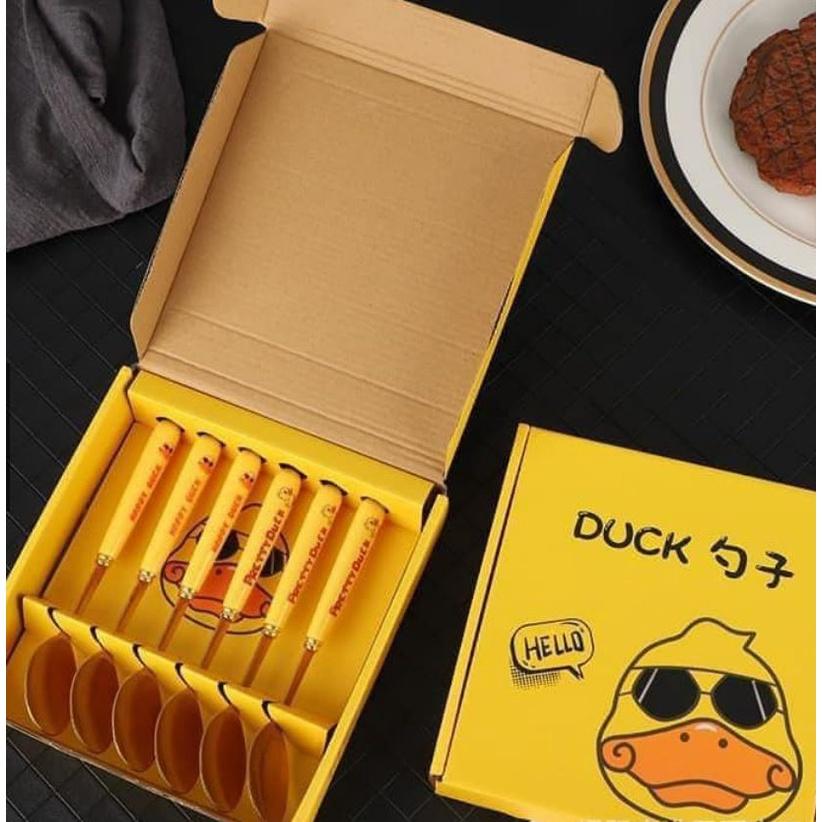 Hộp 6 Thìa INOX Mạ Vàng Hình Vịt Duck Cán Dài - Lóng Lánh Sang Trọng, An Toàn, Bền Đẹp - Hàng Chất Lượng KST