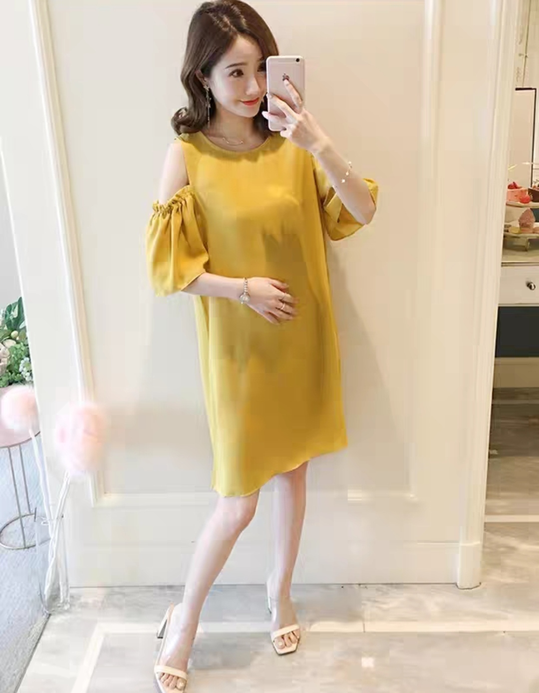 Đầm bầu công sở đầm suông đầm over size thời trang Hàn Quốc màu vàng dona21072302