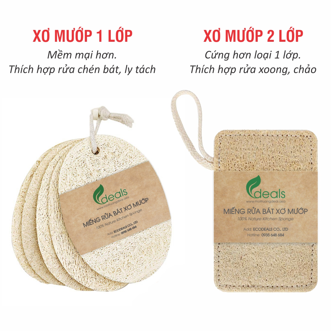 Xơ Mướp Rửa Chén Bát Cao Cấp ECODEALS loại mềm - 100% xơ mướp hữu cơ, kích thước lớn, bền chắc, phù hợp ly chén sứ, thủy tinh  - KT 7.5 x 13cm