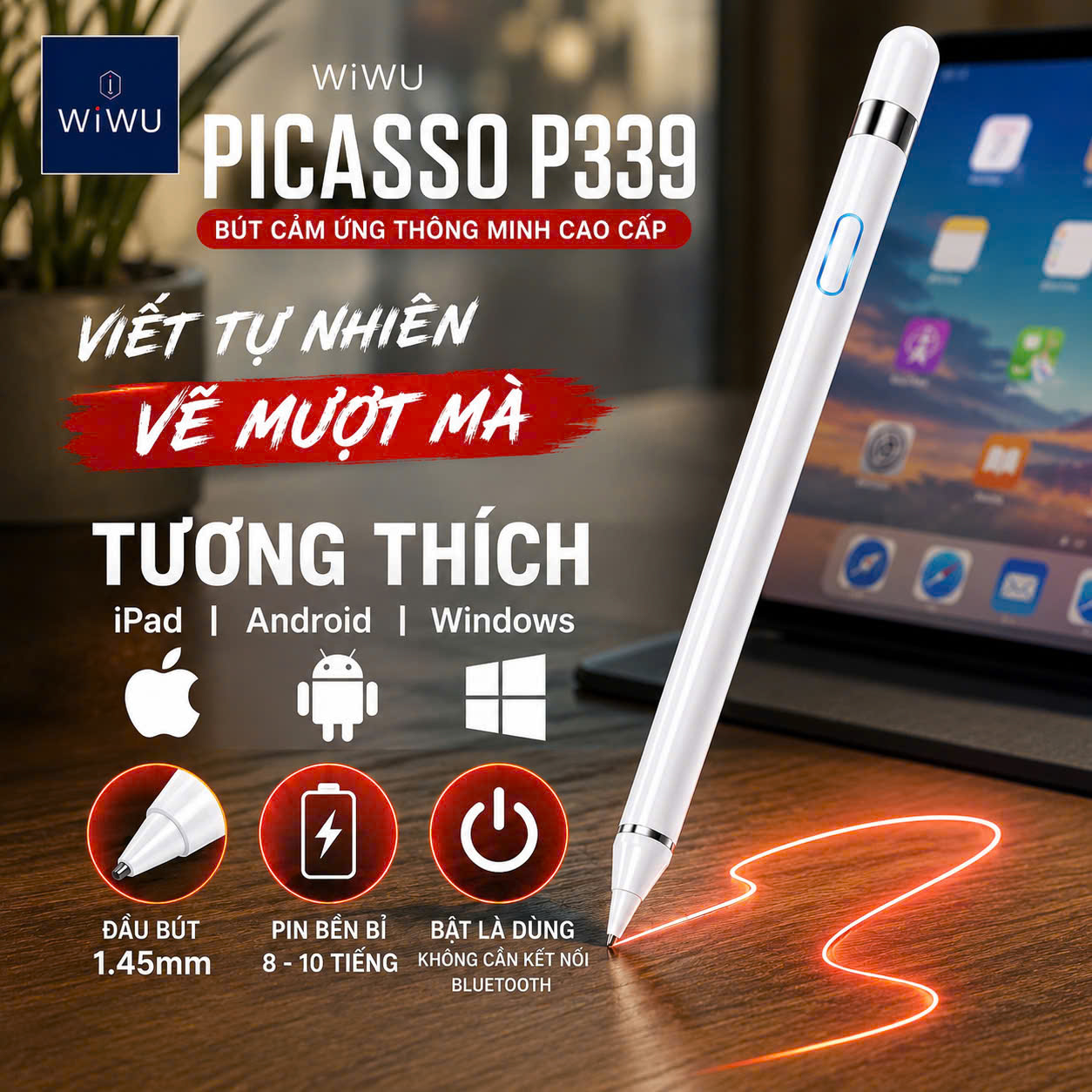 bút cảm ứng thông minh 1.45mm nét siêu mảnh tương thích iPhone iPad Androids Windows WIWU Picasso P339 Pin 10h, Bật Là Dùng - Không Cần Bluetooth, Viết Tự Nhiên, Vẽ Mượt Mà, Tương Thích Đa Thiết Bị - Hàng nhập khẩu