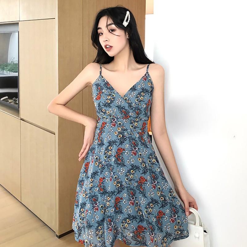 Đầm Hoa Cổ Chữ V Phong Cách Retro Xinh Xắn Cho Nữ