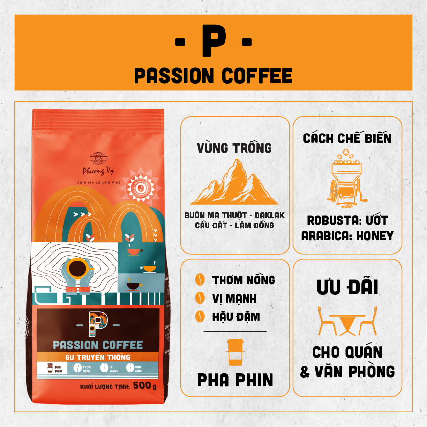 Cà Phê Rang Xay - Passion Coffee - Cà phê pha phin - Cà phê pha máy - Phương Vy Coffee - 500g