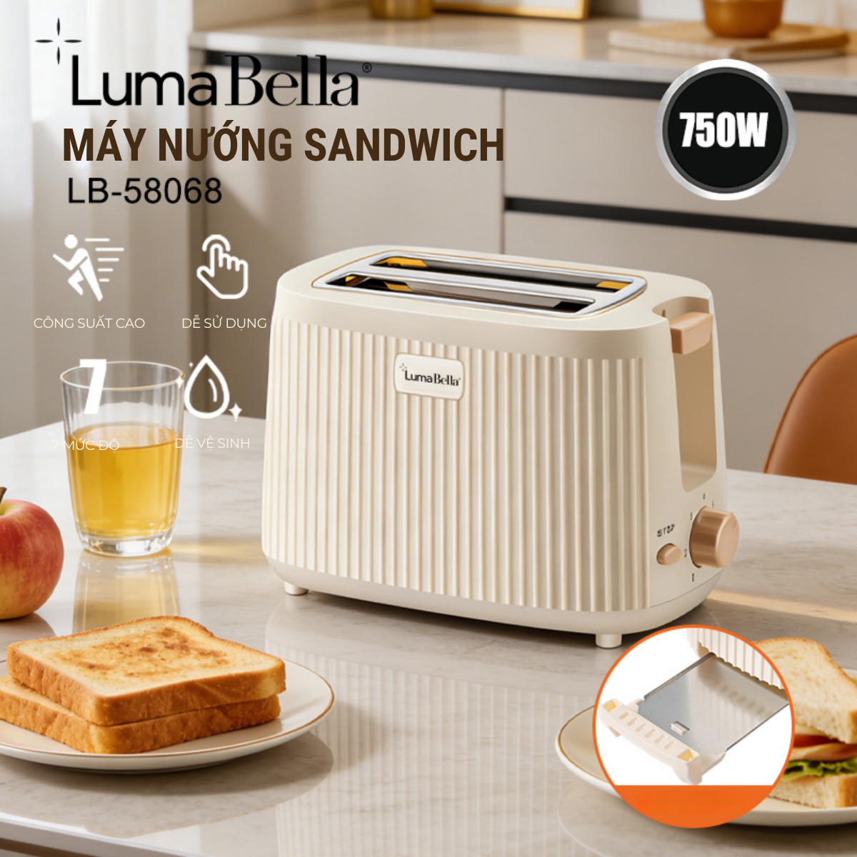 Máy nướng bánh mì tự nảy bánh công suất cao 750W Lumabella LB-58068, nướng bánh sandwich ăn sáng tiện dụng - DELIYA HÀNG CHÍNH HÃNG