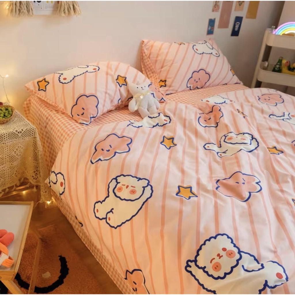 Bộ vỏ chăn ga gối Cotton Poly M2T bedding gấu hồng phối sọc, vỏ chăn mền, drap giường và 2 vỏ gối