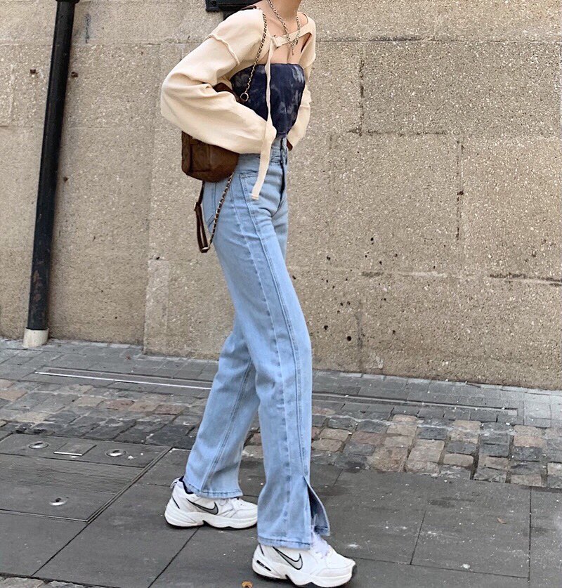 Quần Jeans ống rộng cạp cao cao cấp cho Nữ