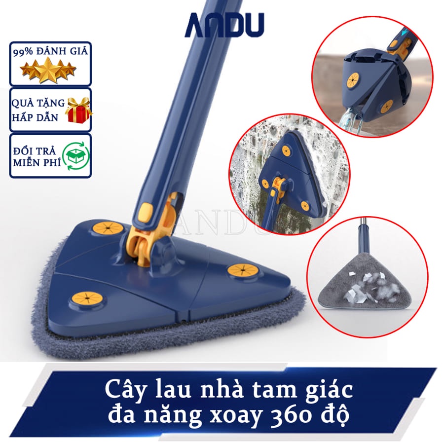 Cây chổi lau nhà cán cầm kéo dài từ 70-130cm thiết kế thông minh với bàn lau hình tam giác, bàn xoay 360 độ, có thể tự vắt rảnh tay, bông lau cotton hút ẩm, cuốn giữ bụi bẩn trên cao