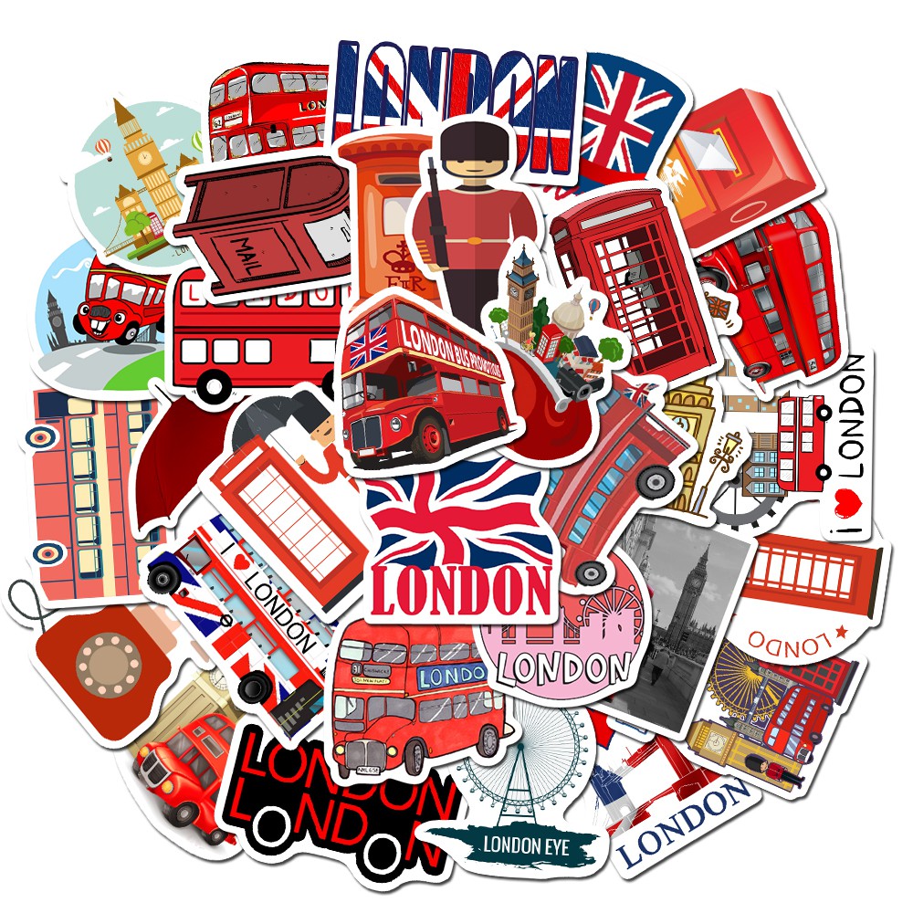 Set 30 Sticker chủ đề London ảnh decal hình dán ép lụa