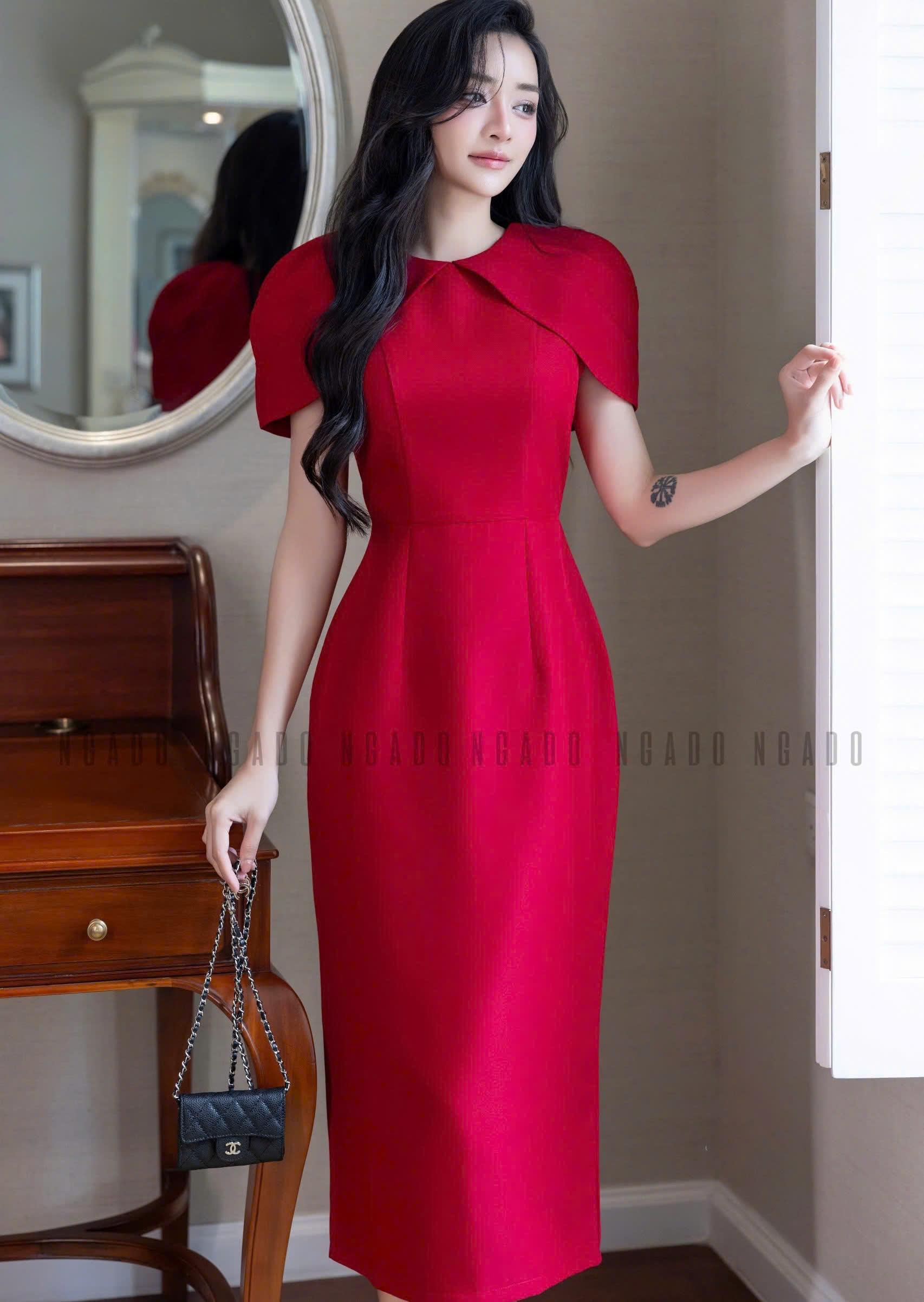 Đầm đỏ cổ tròn NGADO , đầm dự diệc , đầm công sở