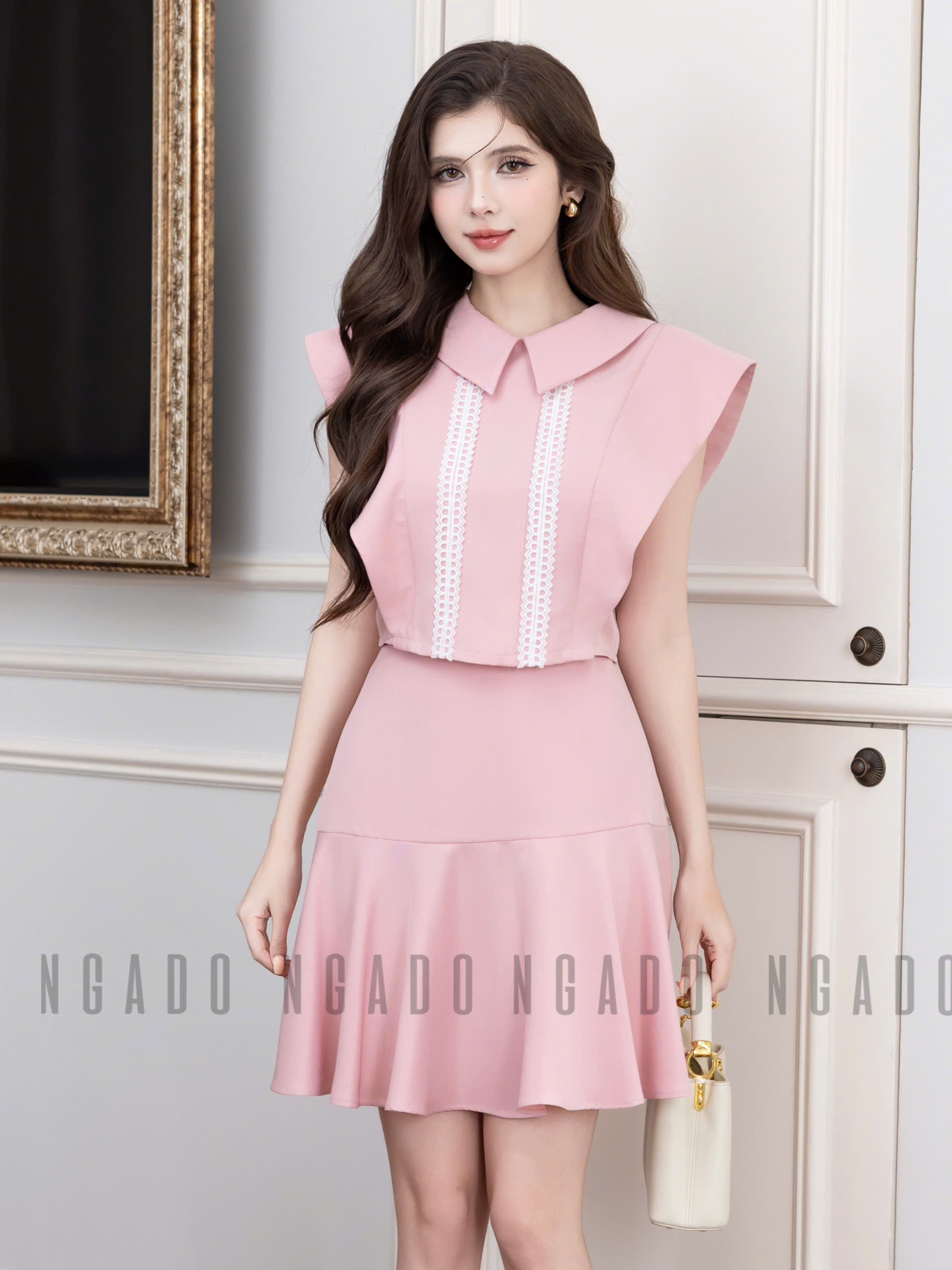 Set áo váy hồng phối ren trắng NGADO , set áo váy ngắn , set kiểu Nữ , set công sở, dự tiệc