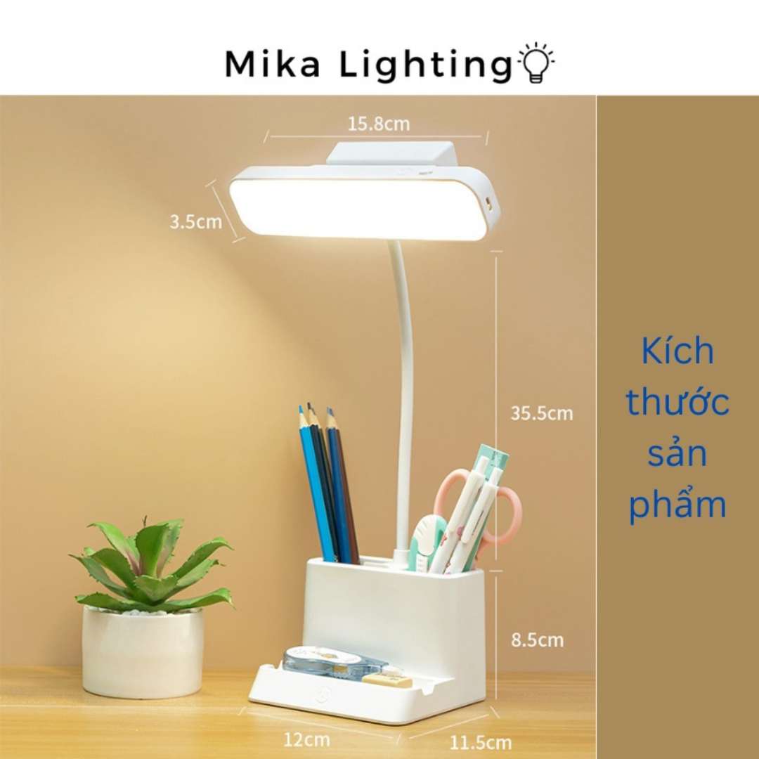 Đèn bàn học LED bảo vệ mắt đế hộp bút, giá để điện thoại tích hợp Pin dung lượng cao nhiều chế độ ánh sáng