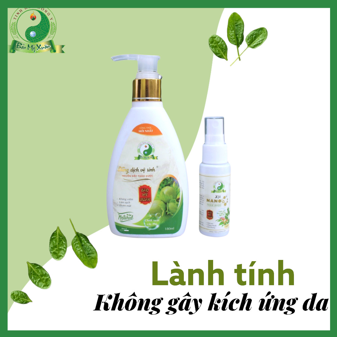 Combo 2 Chai Dung Dịch Vệ Sinh Bảo Mỹ Xuân Chiết Xuất 100% Thảo Mộc Thiên Nhiên Đặc Biệt Tinh Chất Trầu Không Giúp Sạch Mùi Hôi Kháng Viêm Nồng Độ PH Tương Thích Vùng Kín Giảm Viêm Nhiễm. Chai 150ml và Chai Xịt Nano 30ml