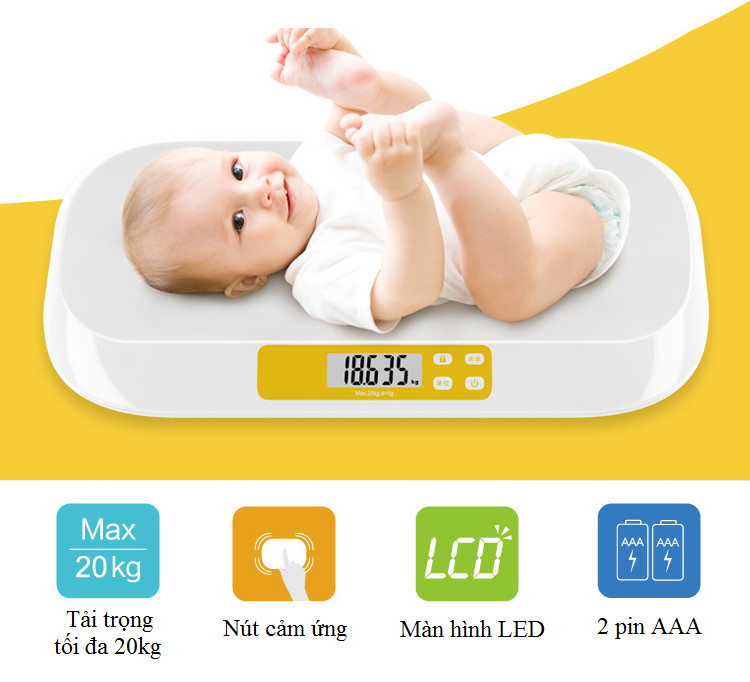 Cân sức khỏe để bàn tải trọng 20kg dành cho bé dưới 4 tuổi, màn hình led lớn chính xác cao cấp (Tặng đèn pin mini bóp tay-giao màu ngẫu nhiên)