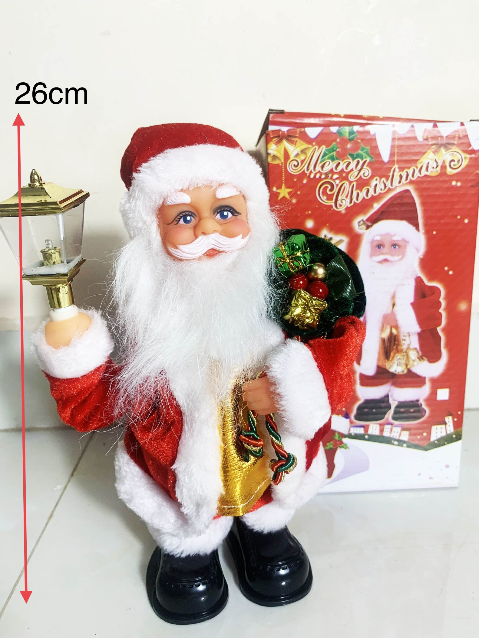 Hôp noel đeo giỏ quà cầm đèn, khẩu trang nhảy múa có đèn nhạc giáng sinh vui nhộn