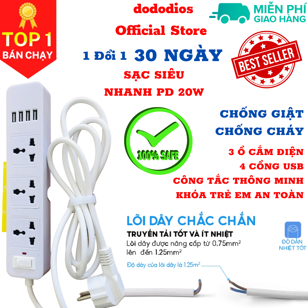 Ổ cắm điện đa năng thông minh dododios 2 cổng USB 5v sạc nhanh, chịu tải 2500W, tiết kiệm 30 kilowatt H dây nối 2m