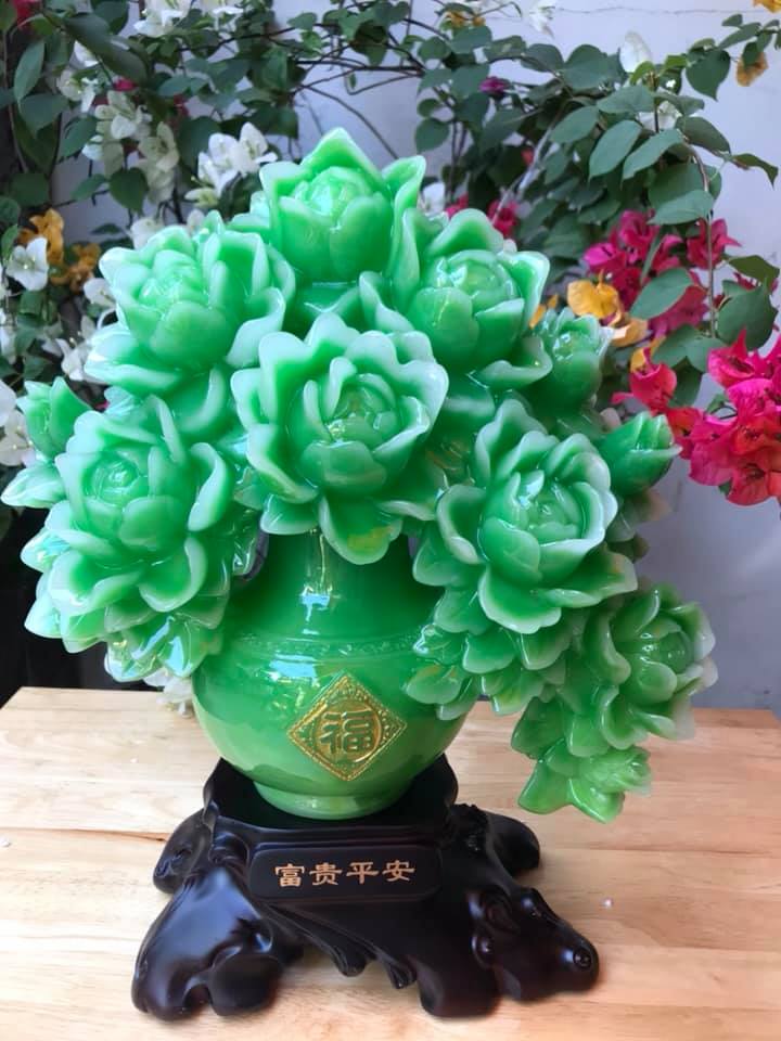 Bình Hoa Mẫu Đơn đẹp lắm xanh lộc lá size cao 38cm x ngang 30cm x sâu 12cm Biểu Tượng Sự Giàu Sang Phú Quý Hợp ACE mệnh Mộc Hoả trưng bàn rất đẹp