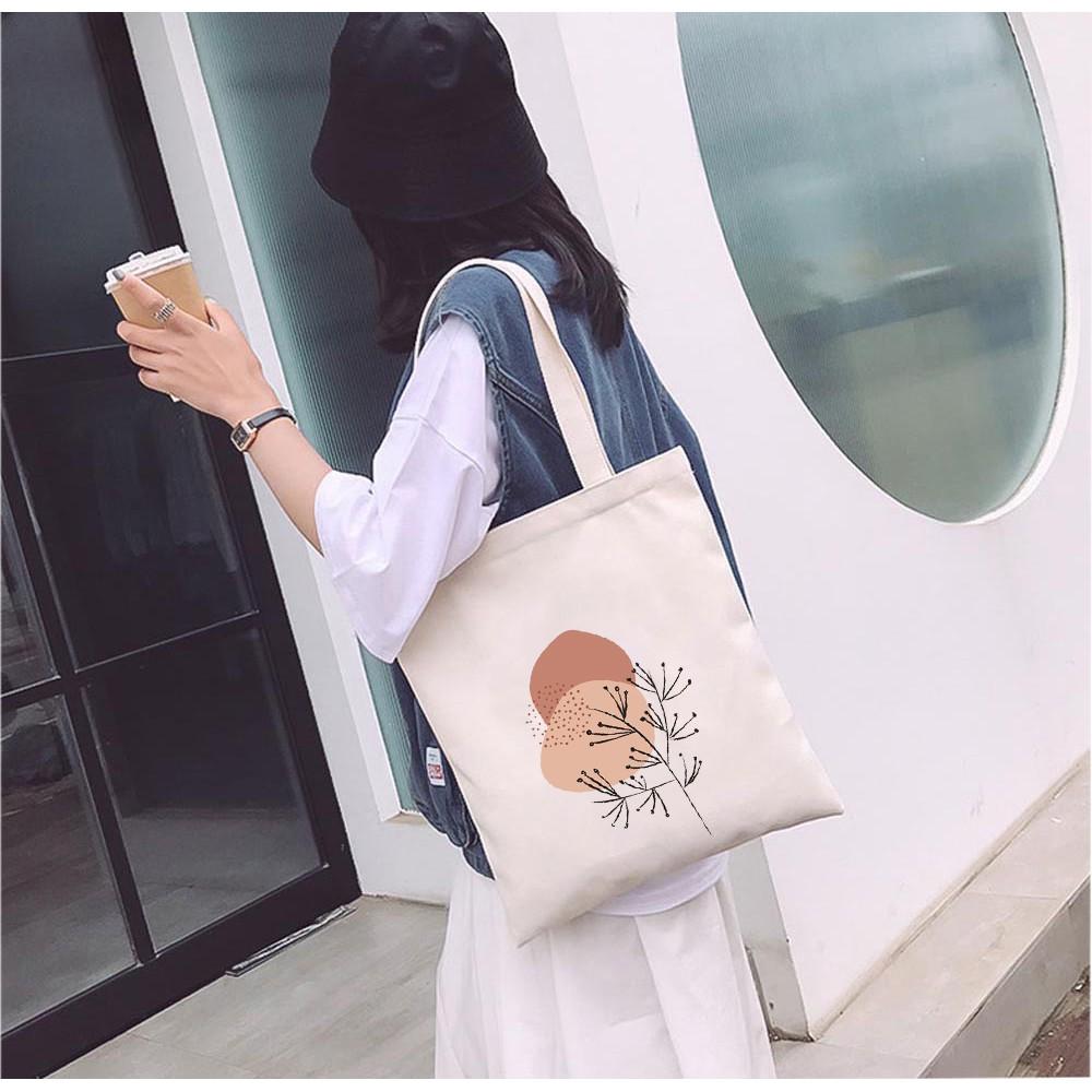Túi Tote Vải Mộc Ginko kiểu basic có dây kéo khóa miệng túi đựng vừa laptop 14 inch và nhiều đồ dùng khác In Hình Minimalism Art M14