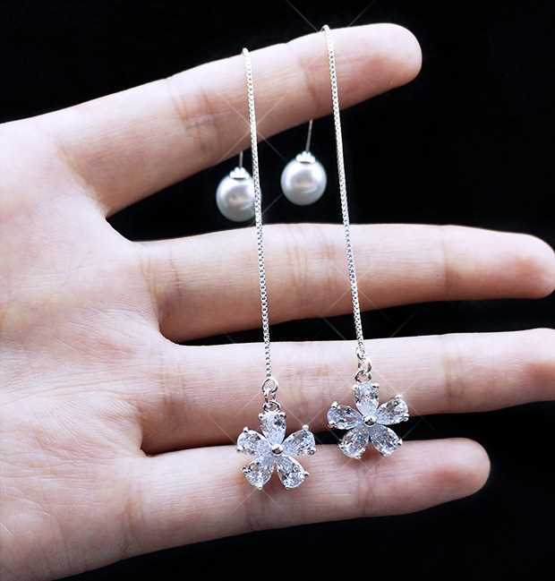 Bông tai hoa 5 cánh dáng dài ngọc trai tiểu thư