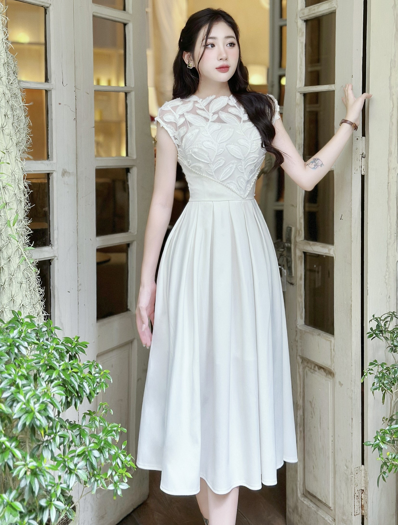 Đầm Thiết Kế MAY CH121 Chất Liệu Ren Lá 3D Phối Trượt Nhật Đính Hạt - Đầm Dự Tiệc Sang Trọng Chuẩn MAY