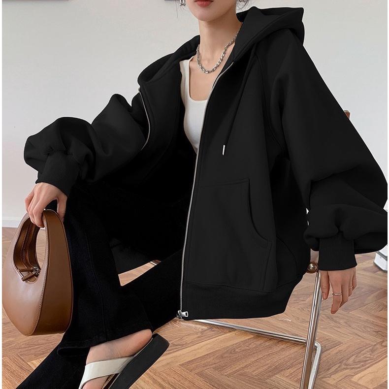 Áo hoodie tay phồng form rộng chất nỉ ngoại cao cấp oversize, Áo Hoodie Nữ Dáng Rộng Có Mũ Tay Dài thời trang, Áo khoác hoodie nỉ trơn unisex chất dày dặn cao cấp có khóa kéo dáng thụng