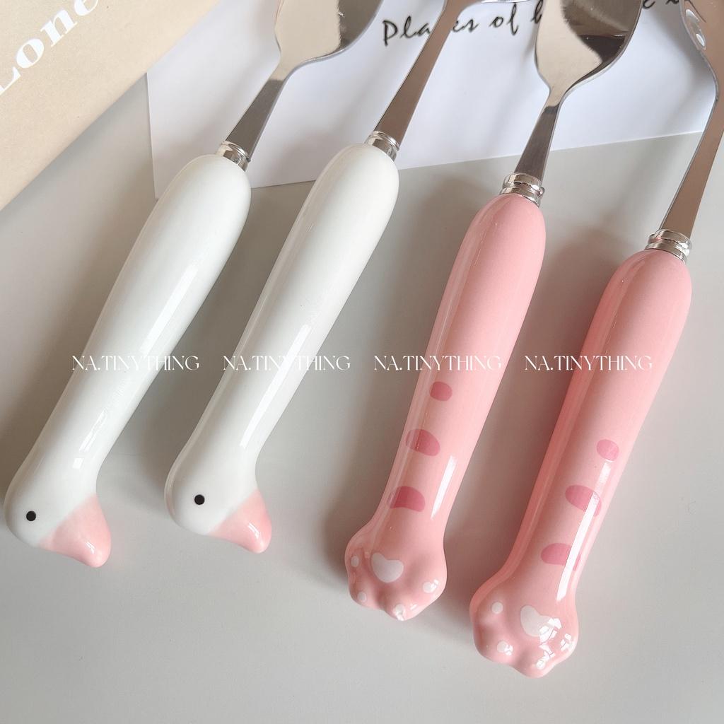 Muỗng nĩa inox 304 tay cầm bằng sứ phong cách hoạt hình dễ thương Hàn Quốc NA0066