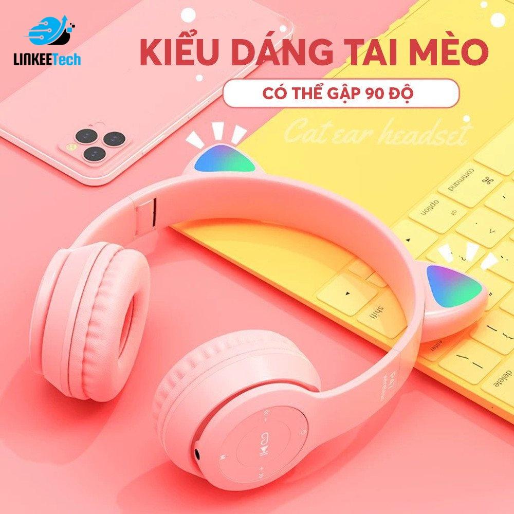 Tai nghe bluetooth 5.0 mini LinkeeTech P47M tai mèo loại mini, kèm micro có cỗng 3.5mm