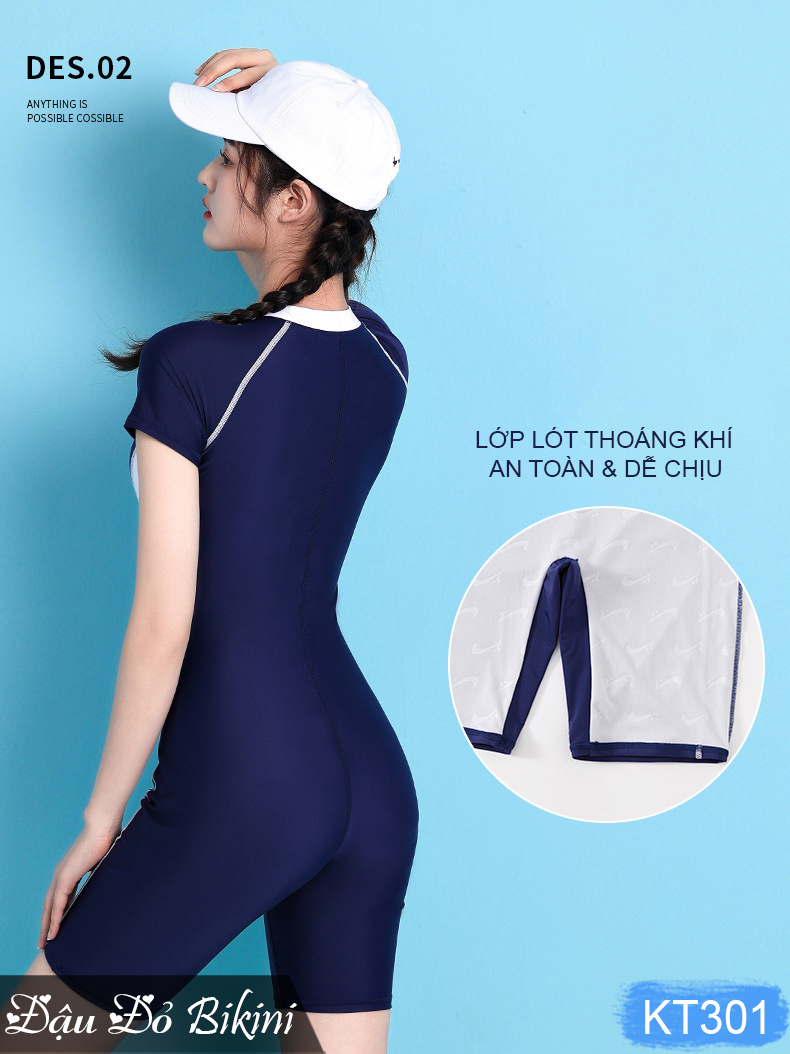 Áo tắm liền thân quần đùi dài nữ, thiết kế dấu bụng và đùi tốt, đồ bơi khoá kéo trước tiện lợi, chất thun bơi lạnh cao cấp dày mát mịn đẹp, có size lớn | KT301