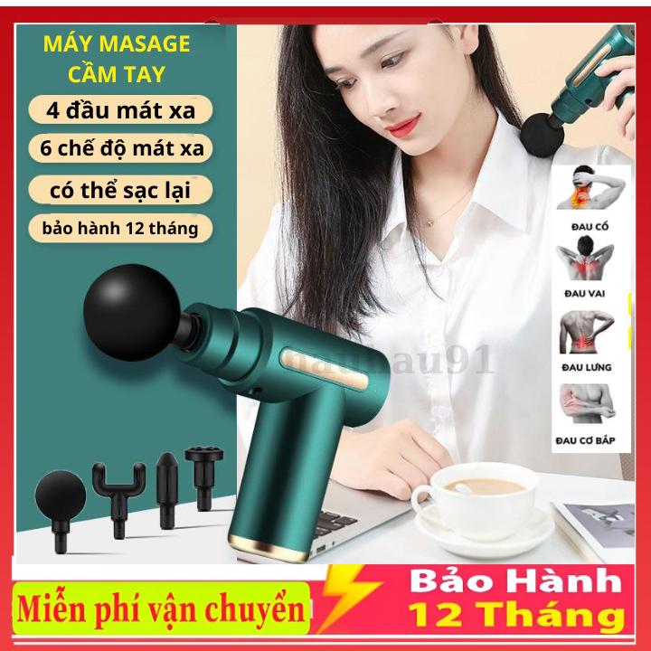 Máy massage cầm tay mini - Súng massage cầm tay đấm lưng mát xa trị liệu cổ vai gáy 4 đầu 6 chế độ, hàng tốt
